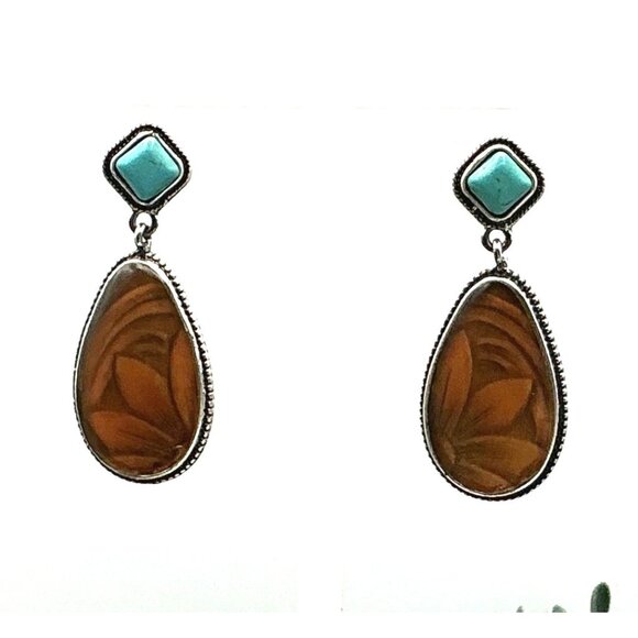 Drop Earrings With Brown Floral Swirl Teardrop & Turquoise Color Square Stones - Picture 3 of 8